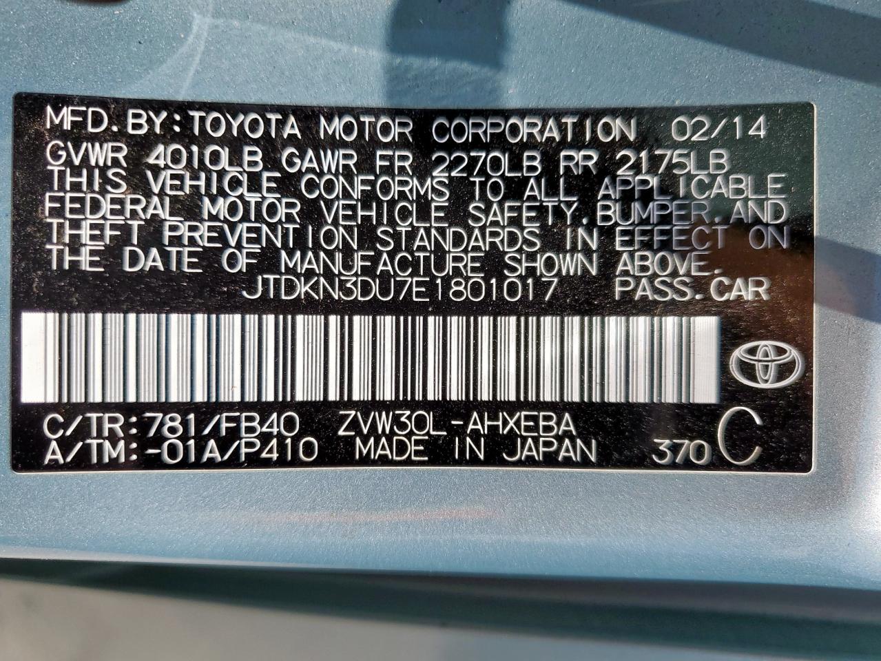 2014 Toyota Prius VIN: JTDKN3DU7E1801017 Lot: 68383715