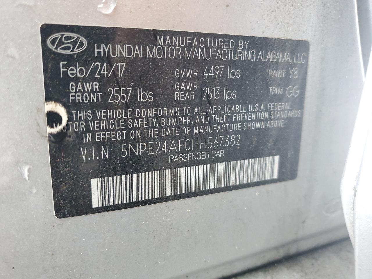 2017 Hyundai Sonata Se VIN: 5NPE24AF0HH567382 Lot: 81594615