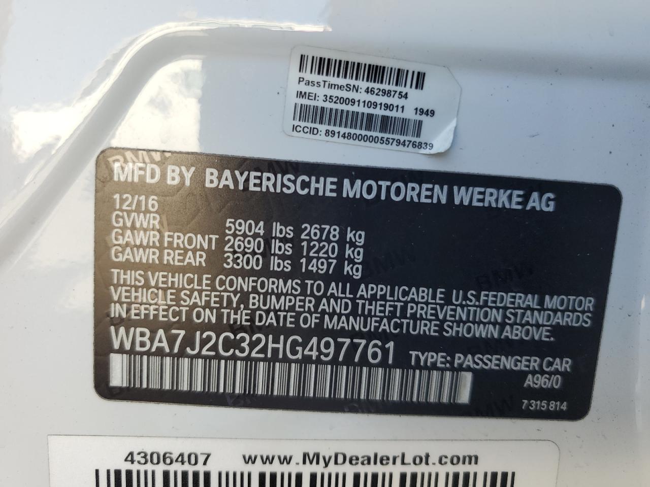 2017 BMW 740 Xe VIN: WBA7J2C32HG497761 Lot: 68976175