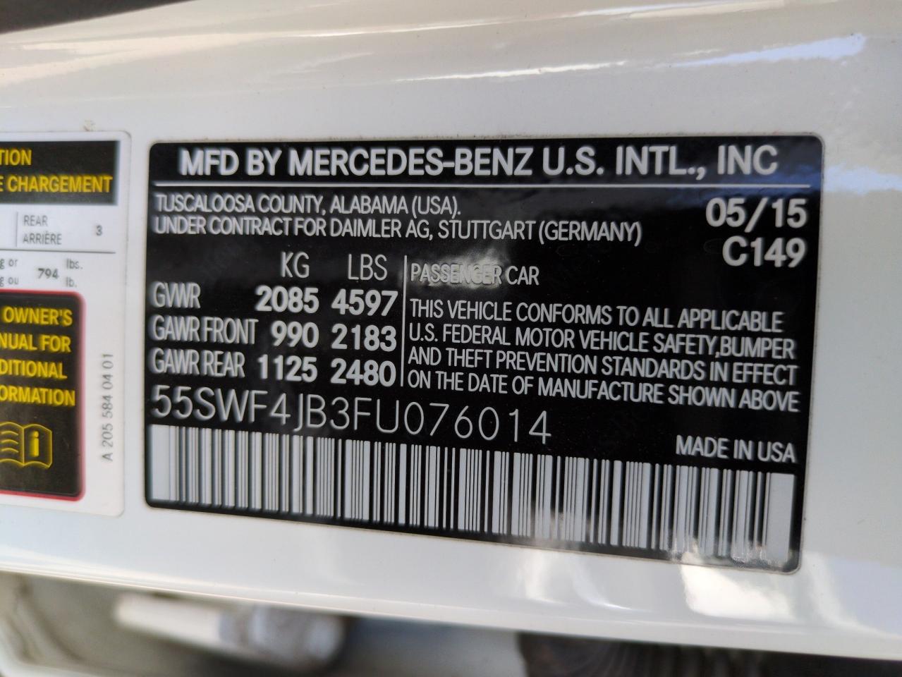 2015 Mercedes-Benz C 300 VIN: 55SWF4JB3FU076014 Lot: 67374895