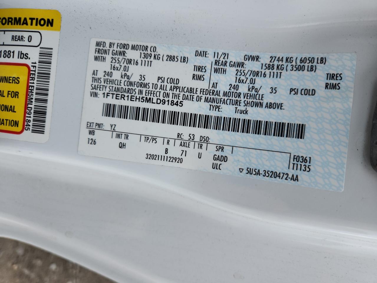 2021 Ford Ranger Xl VIN: 1FTER1EH5MLD91845 Lot: 70584345