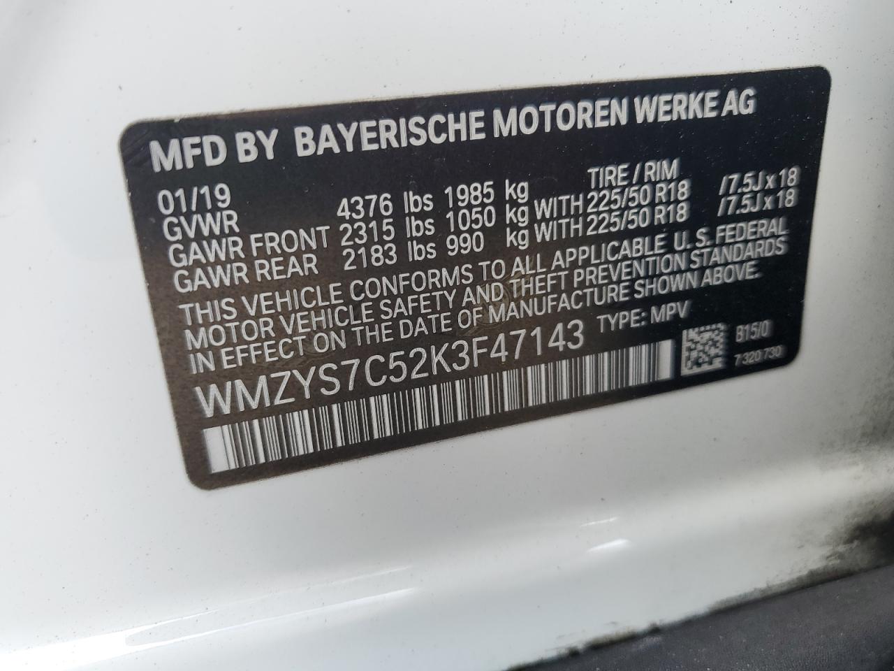 2019 Mini Cooper Countryman VIN: WMZYS7C52K3F47143 Lot: 69195655