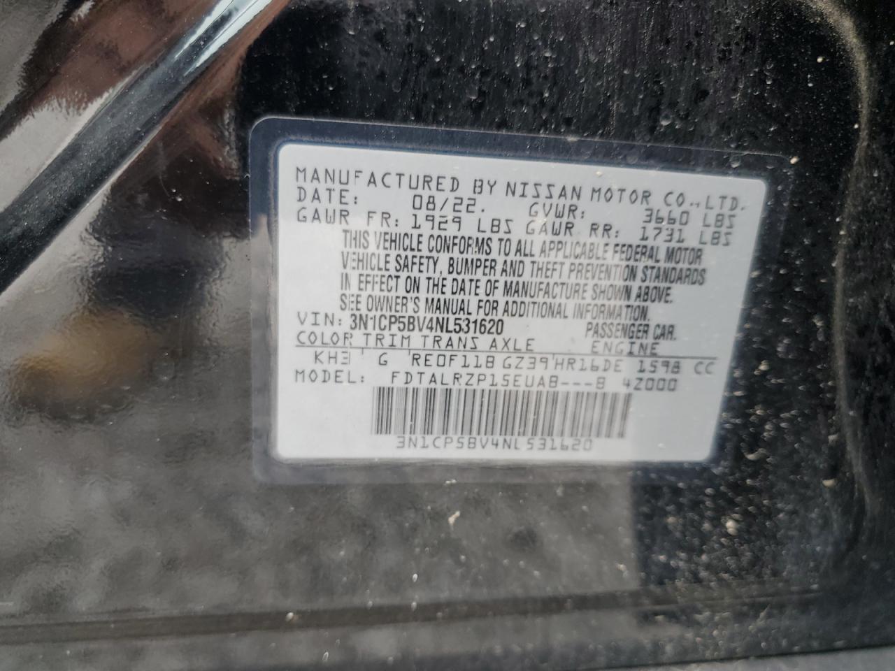 2022 Nissan Kicks S VIN: 3N1CP5BV4NL531620 Lot: 69374155