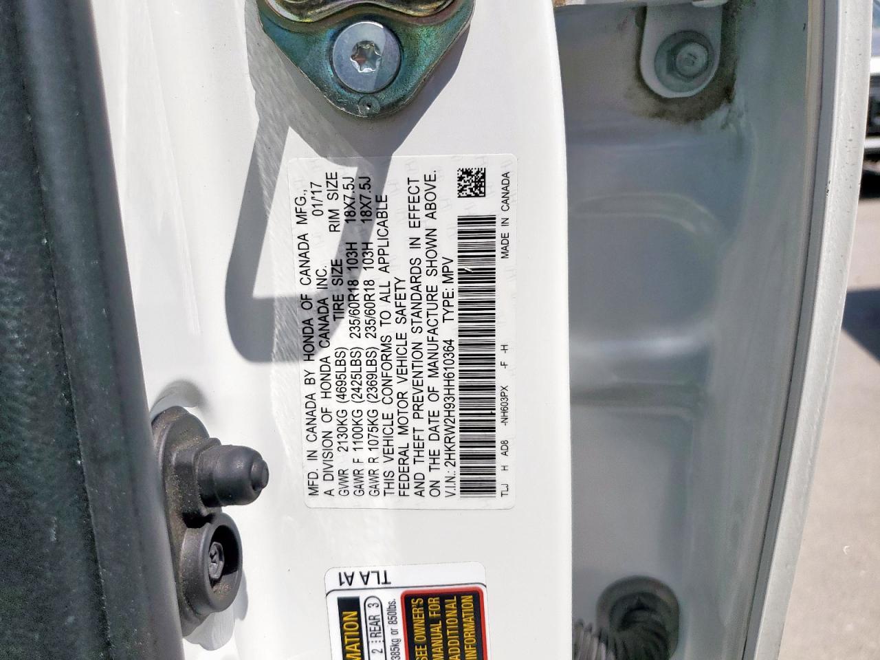 2017 Honda Cr-V Touring VIN: 2HKRW2H93HH610364 Lot: 70730635