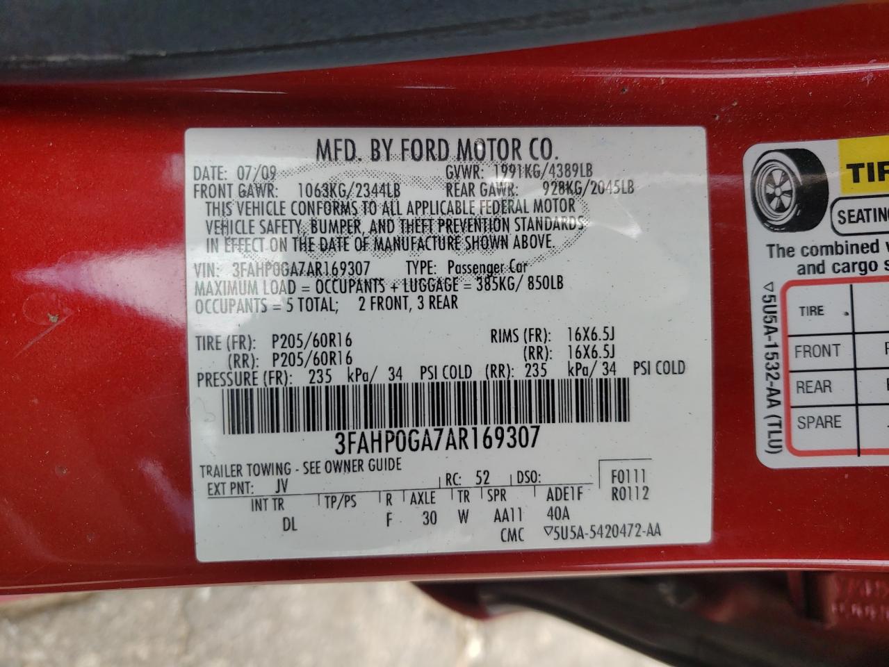 2010 Ford Fusion S VIN: 3FAHP0GA7AR169307 Lot: 67131055