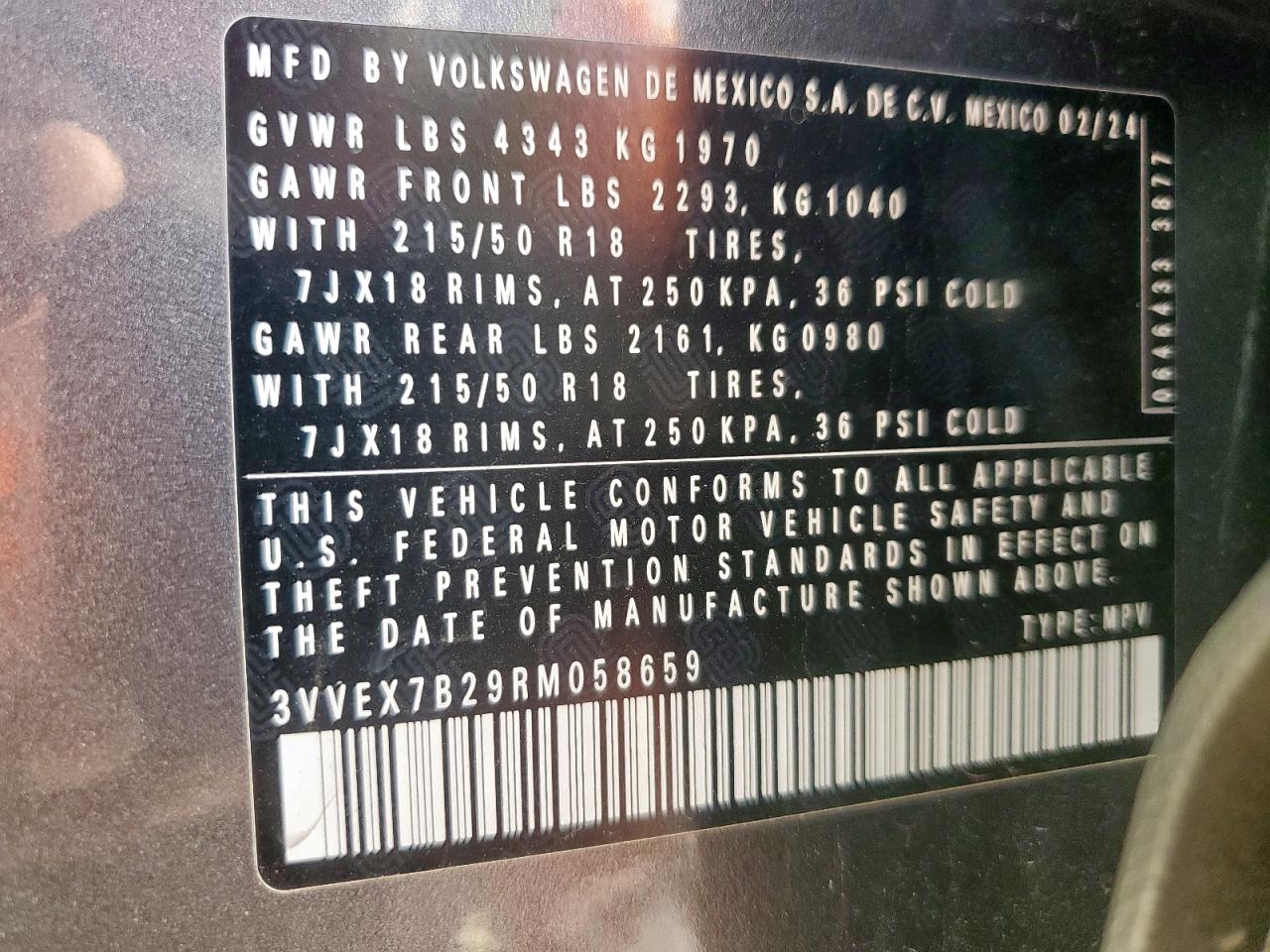 2024 Volkswagen Taos Se VIN: 3VVEX7B29RM058659 Lot: 70164585