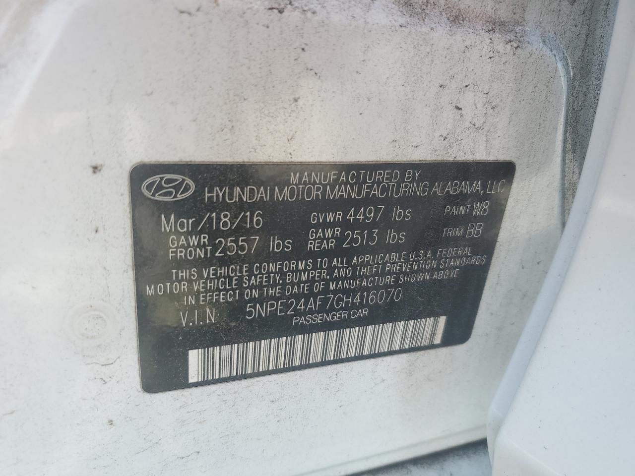 2016 Hyundai Sonata Se VIN: 5NPE24AF7GH416070 Lot: 70601245