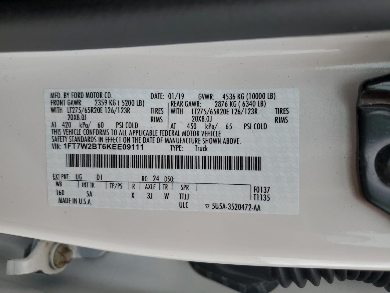 2019 Ford F250 Super Duty VIN: 1FT7W2BT6KEE09111 Lot: 69870255