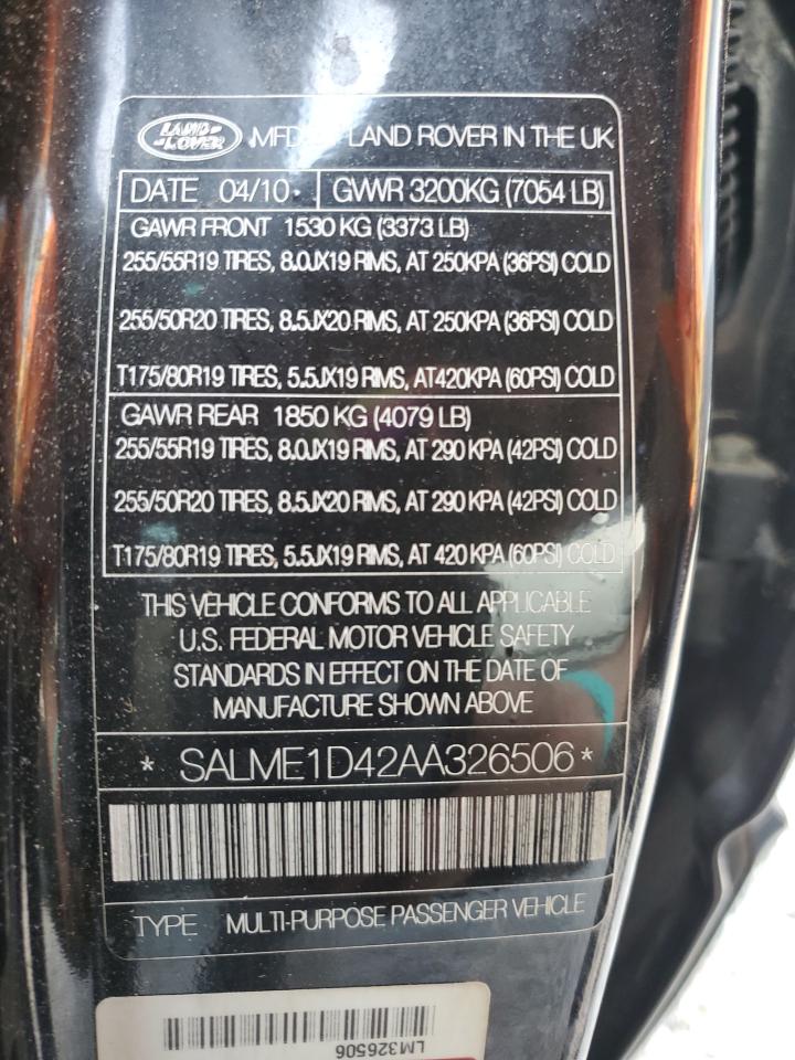 2010 Land Rover Range Rover Hse VIN: SALME1D42AA326506 Lot: 67775045