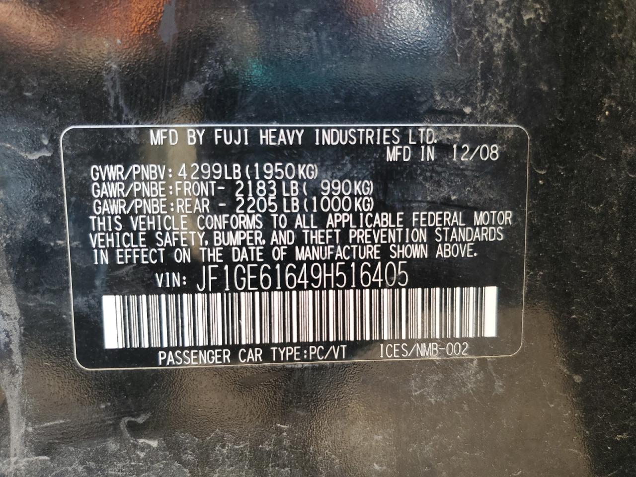 2009 Subaru Impreza 2.5I VIN: JF1GE61649H516405 Lot: 70685445