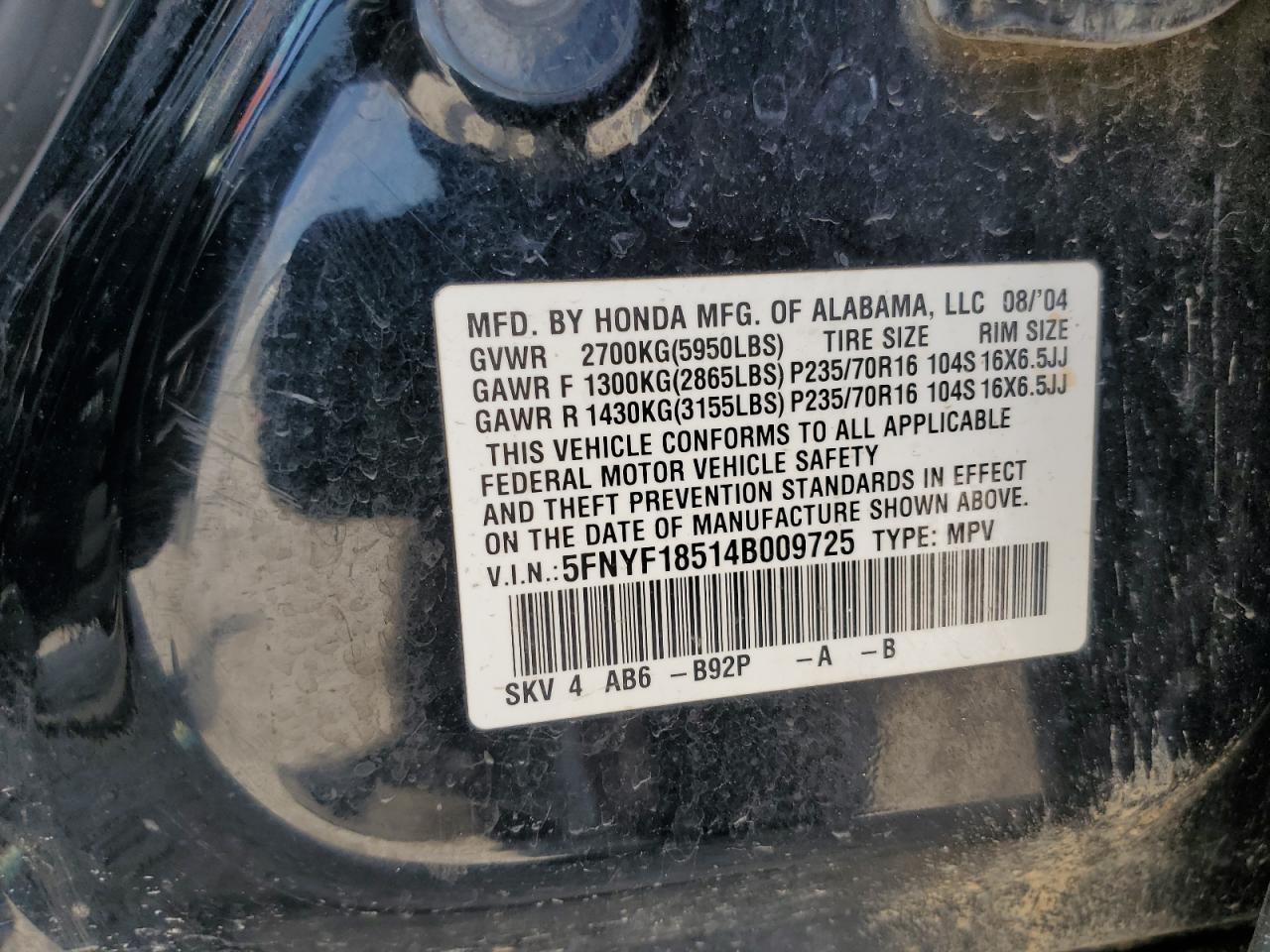 2004 Honda Pilot Exl VIN: 5FNYF18514B009725 Lot: 68769395