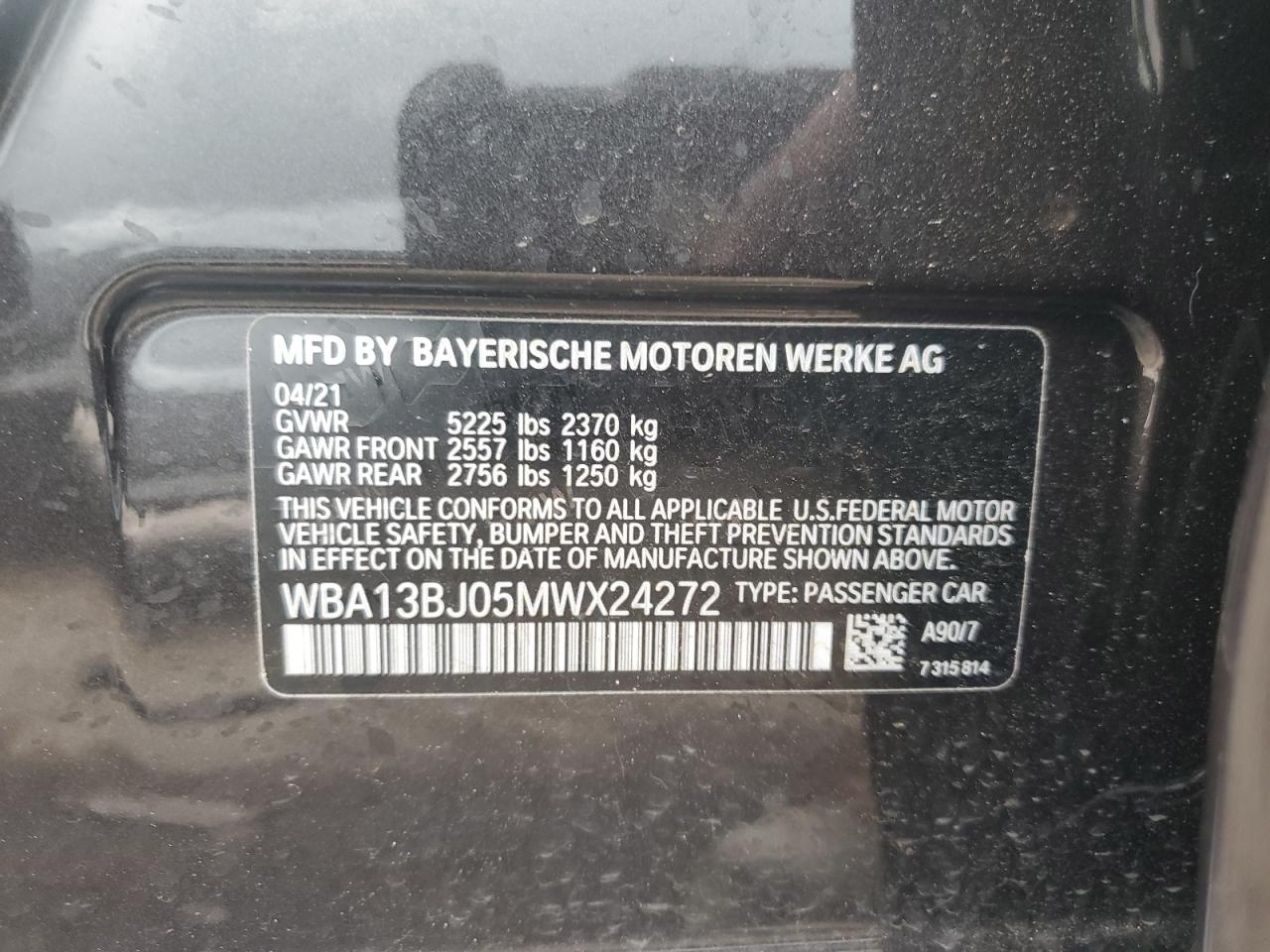 2021 BMW 530 Xi VIN: WBA13BJ05MWX24272 Lot: 68614005