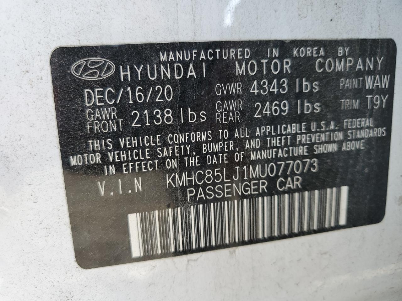 2021 Hyundai Ioniq Limited VIN: KMHC85LJ1MU077073 Lot: 68709545