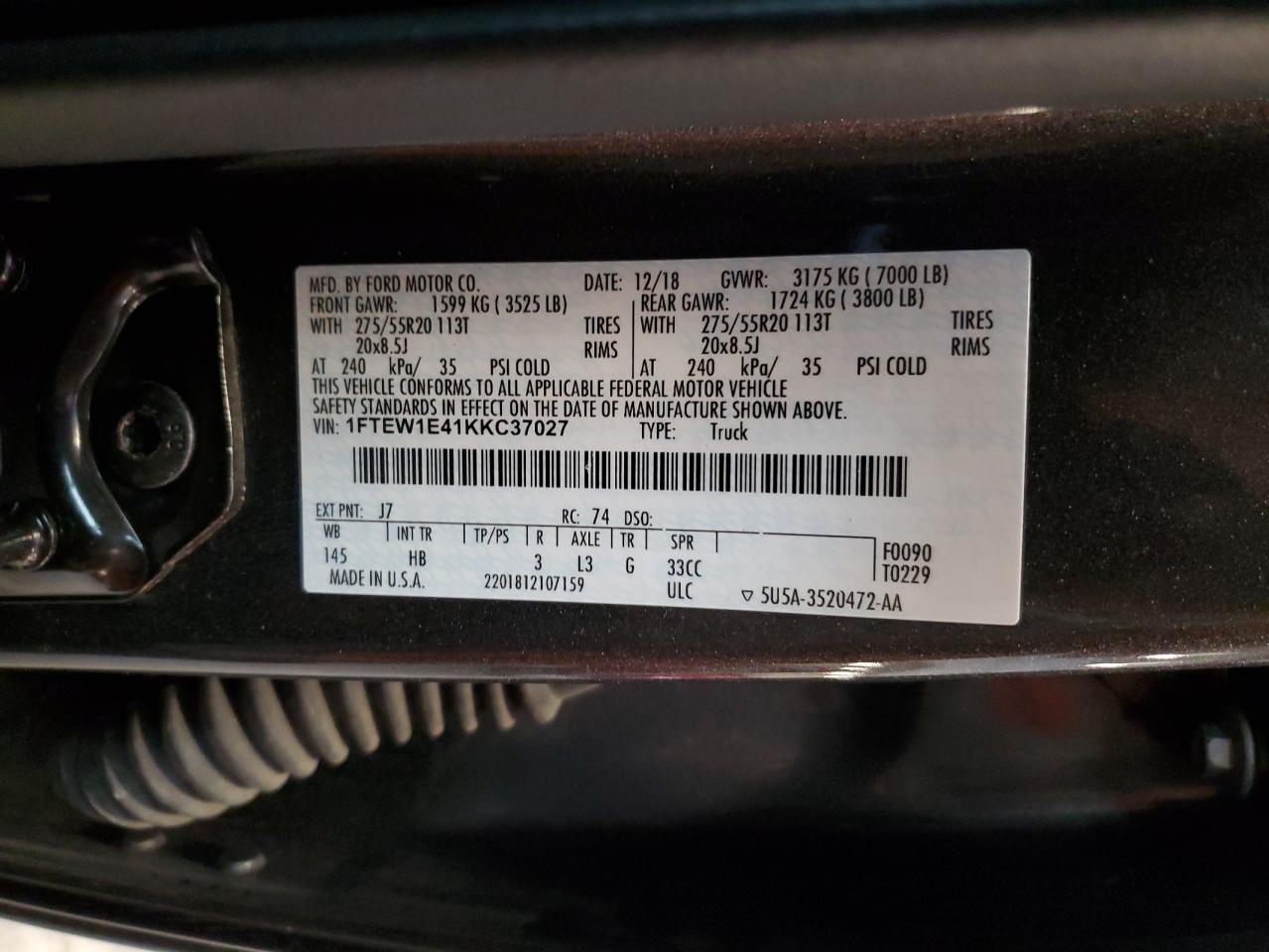 2019 Ford F150 Supercrew VIN: 1FTEW1E41KKC37027 Lot: 70388105