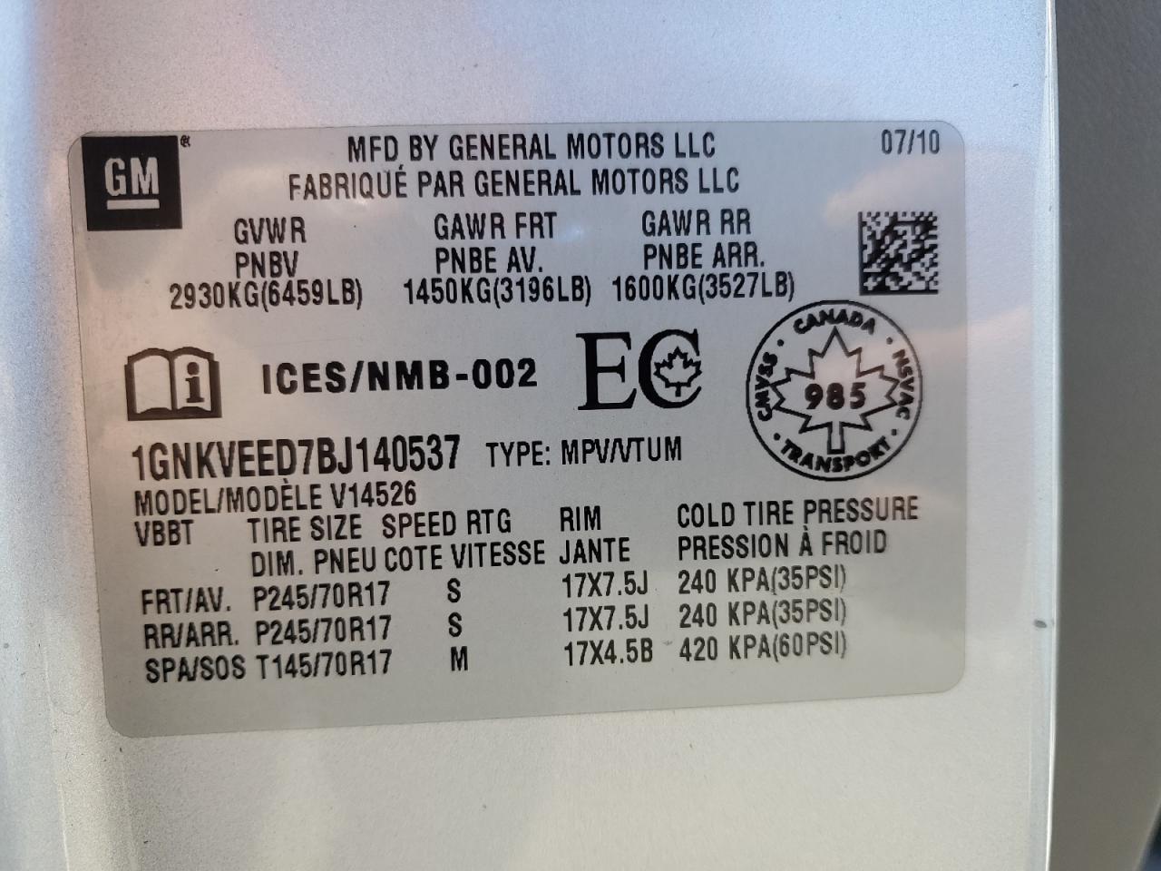 2011 Chevrolet Traverse Ls VIN: 1GNKVEED7BJ140537 Lot: 68221995