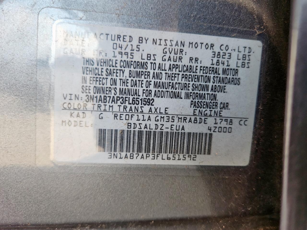 2015 Nissan Sentra S VIN: 3N1AB7AP3FL651592 Lot: 70180915