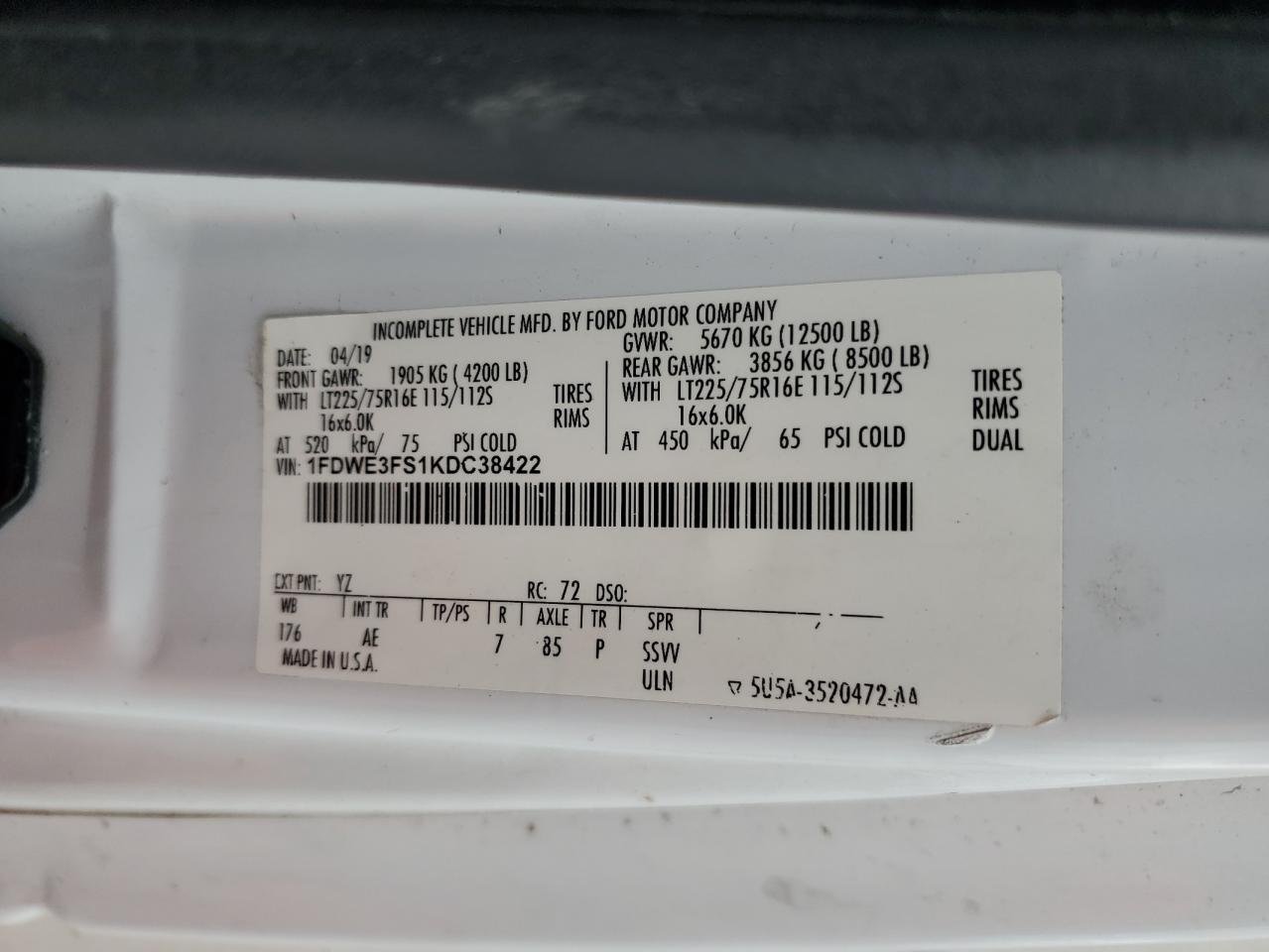 2019 Ford Econoline - Box Truck VIN: 1FDWE3FS1KDC38422 Lot: 86341195