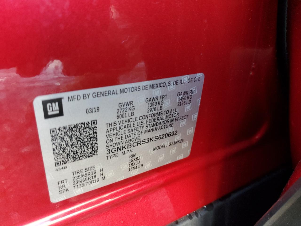 2019 Chevrolet Blazer 2Lt VIN: 3GNKBCRS3KS620692 Lot: 69650685