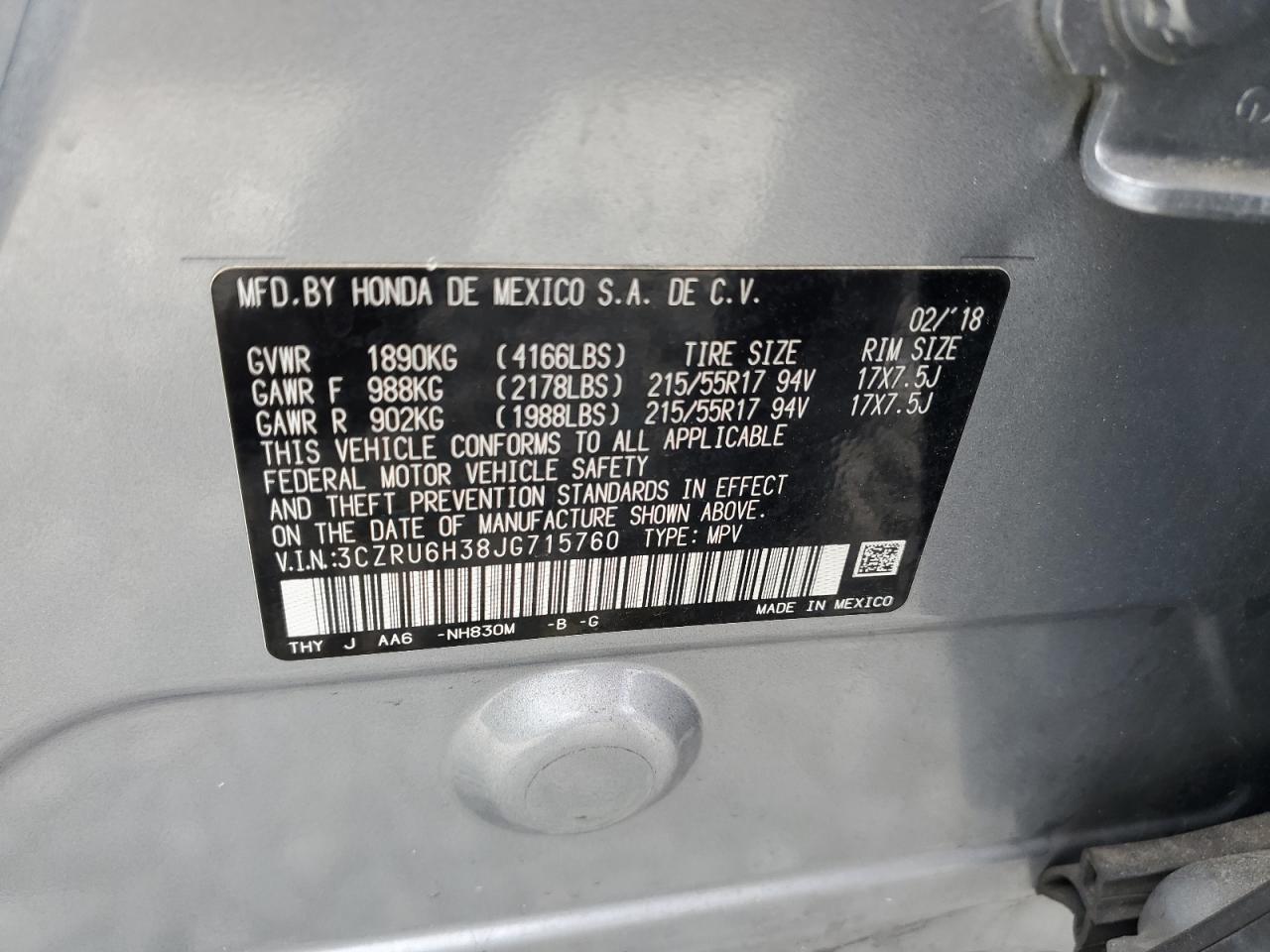 2018 Honda Hr-V Lx VIN: 3CZRU6H38JG715760 Lot: 69360145