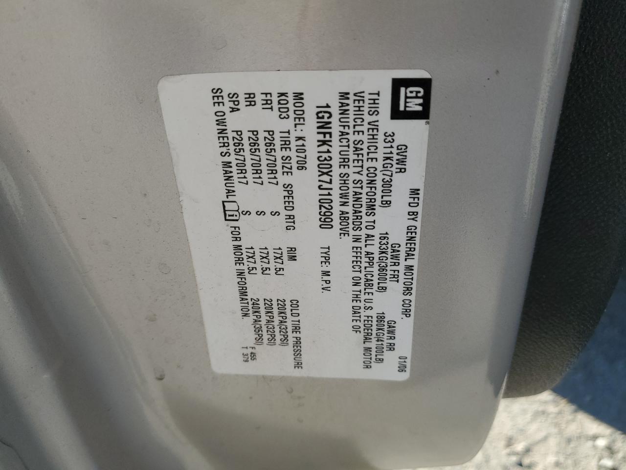 2007 Chevrolet Tahoe K1500 VIN: 1GNFK130X7J102990 Lot: 69434595