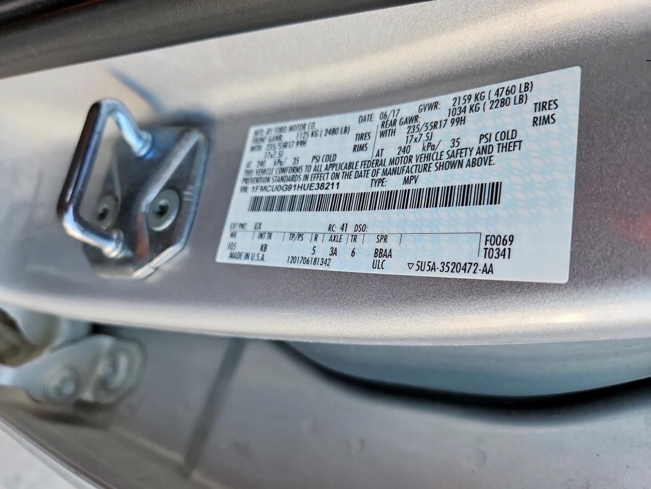 2017 Ford Escape Se VIN: 1FMCU0G91HUE38211 Lot: 70153655