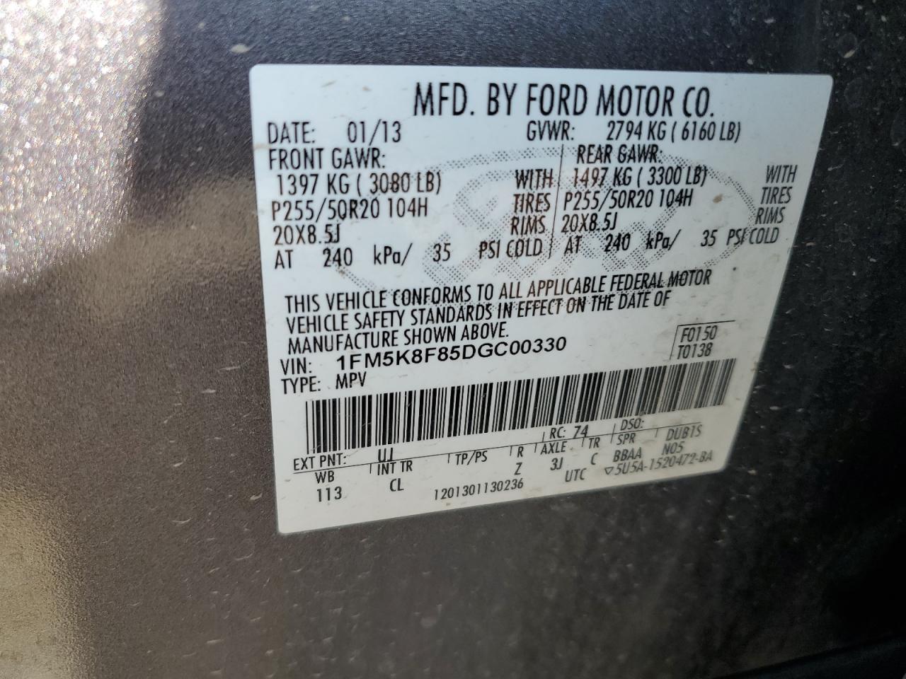 2013 Ford Explorer Limited VIN: 1FM5K8F85DGC00330 Lot: 67408245