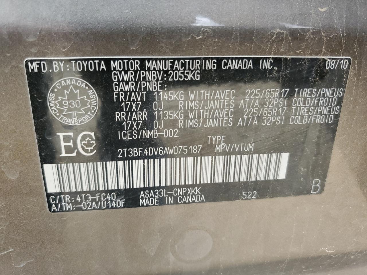 2010 Toyota Rav4 VIN: 2T3BF4DV6AW075187 Lot: 65873415