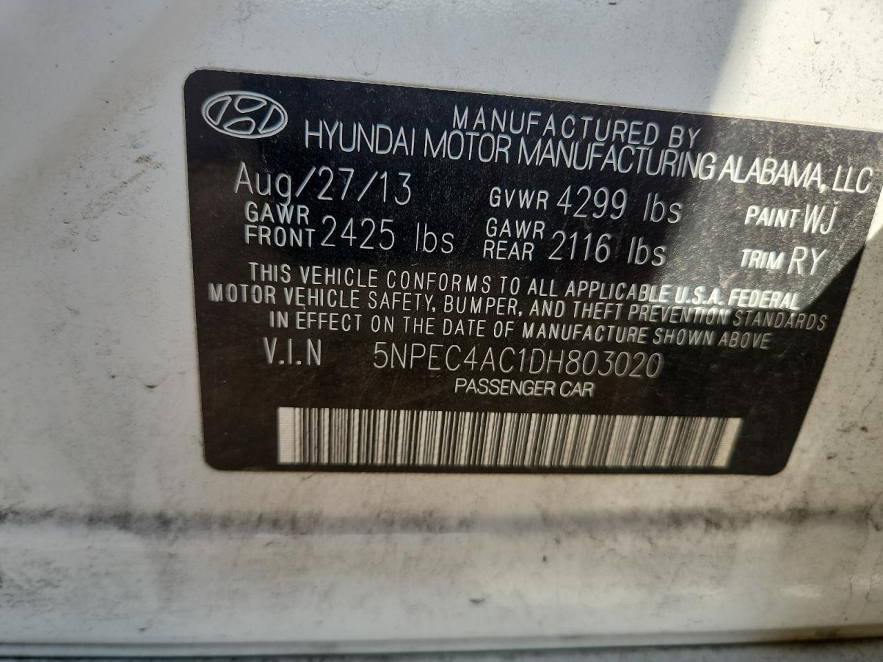 2013 Hyundai Sonata Se VIN: 5NPEC4AC1DH803020 Lot: 70824615