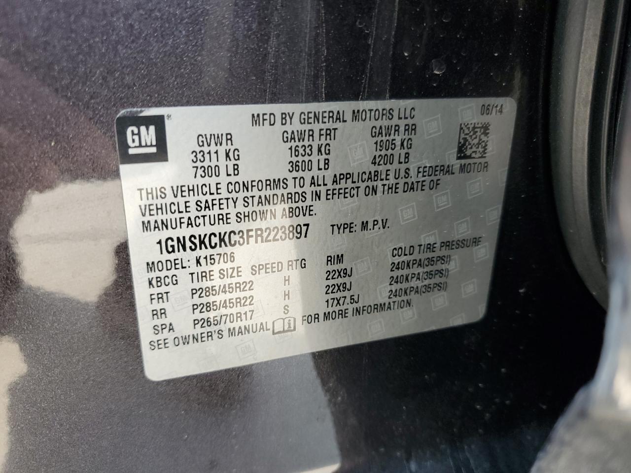 2015 Chevrolet Tahoe K1500 Ltz VIN: 1GNSKCKC3FR223897 Lot: 70163535