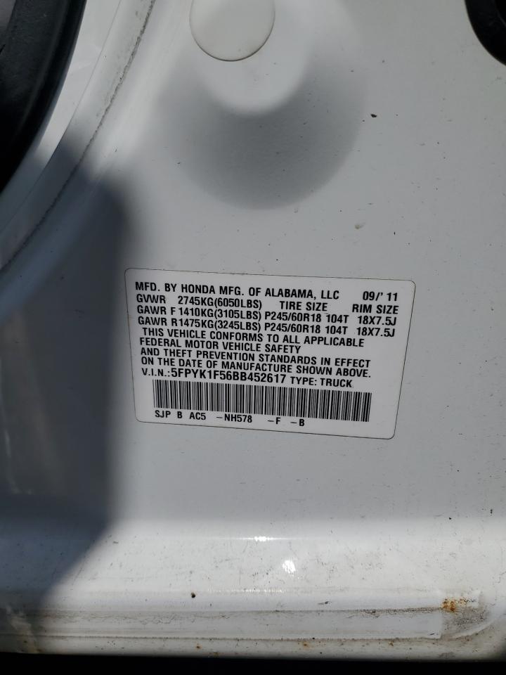 2011 Honda Ridgeline Rtl VIN: 5FPYK1F56BB452617 Lot: 70891065