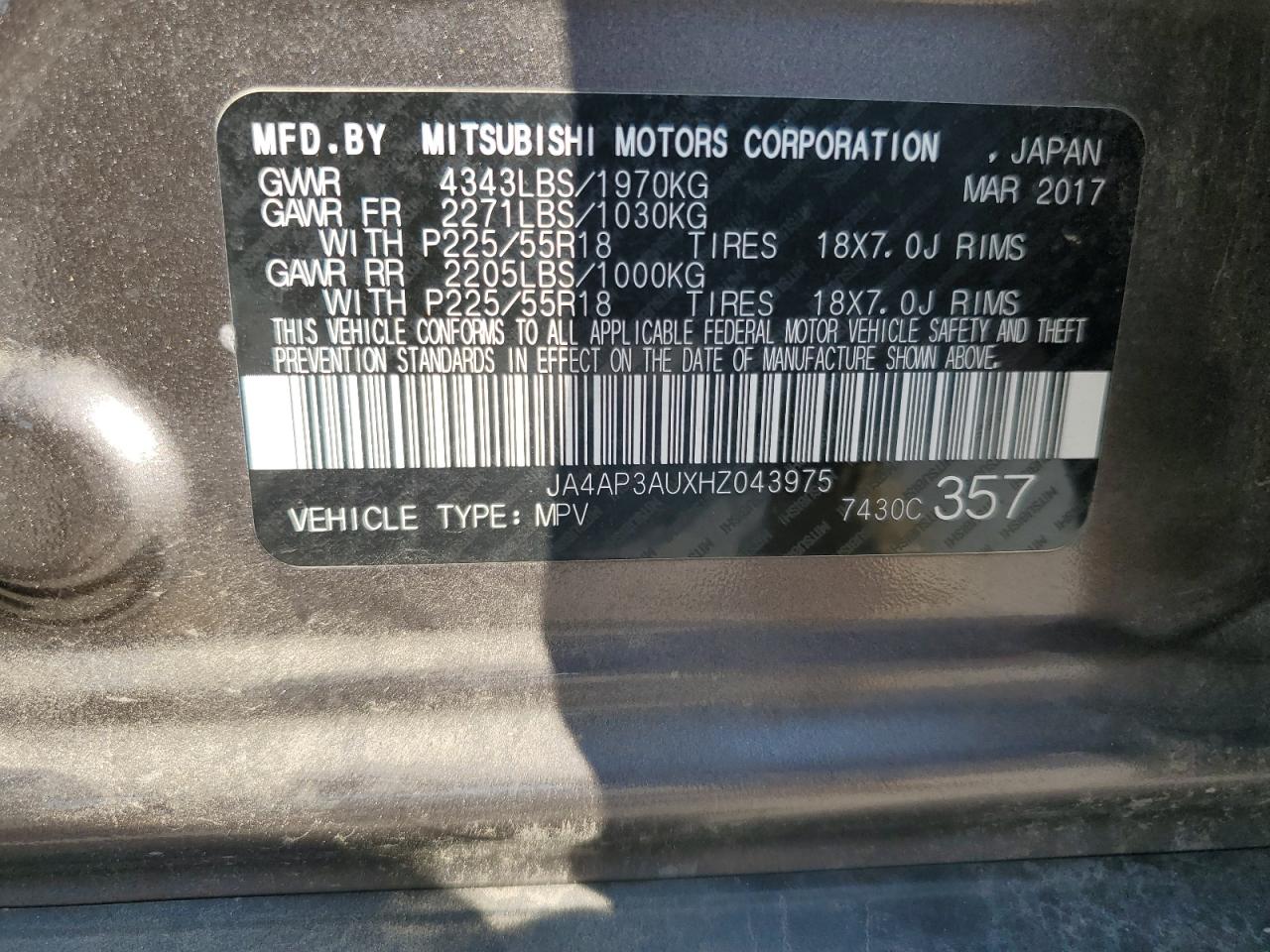 2017 Mitsubishi Outlander Sport Es VIN: JA4AP3AUXHZ043975 Lot: 68467355