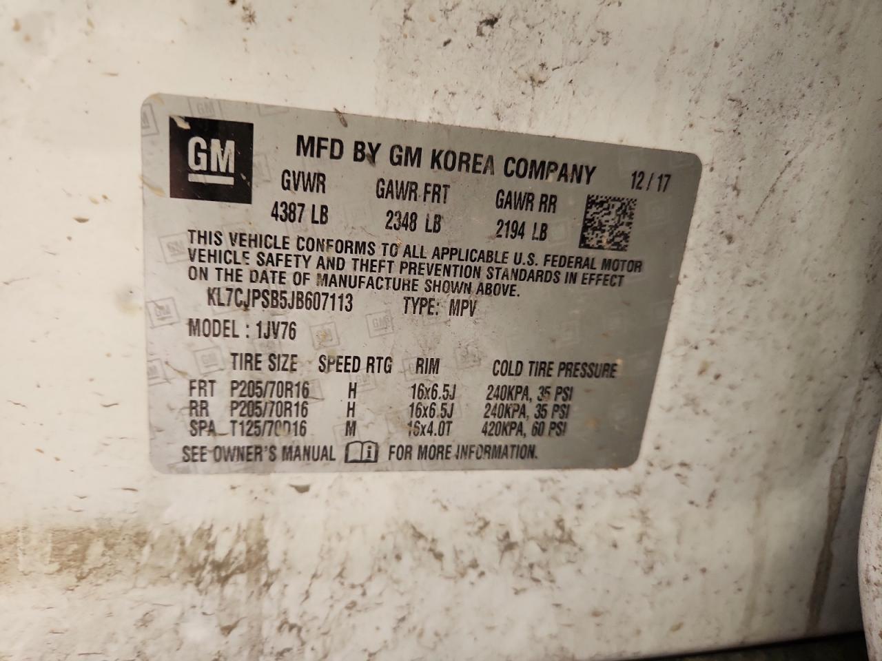 2018 Chevrolet Trax 1Lt VIN: KL7CJPSB5JB607113 Lot: 69209055