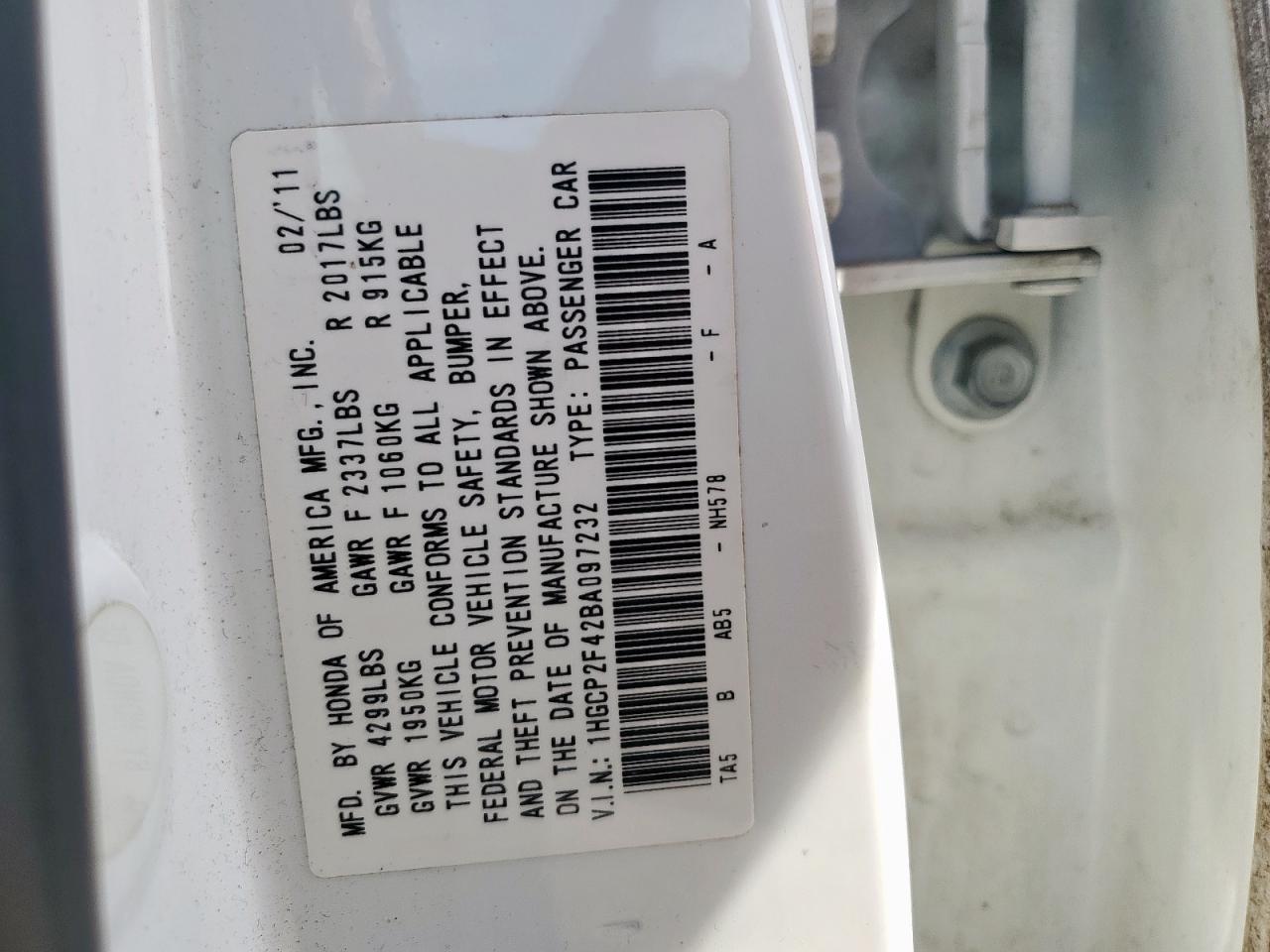 2011 Honda Accord Lxp VIN: 1HGCP2F42BA097232 Lot: 67680345