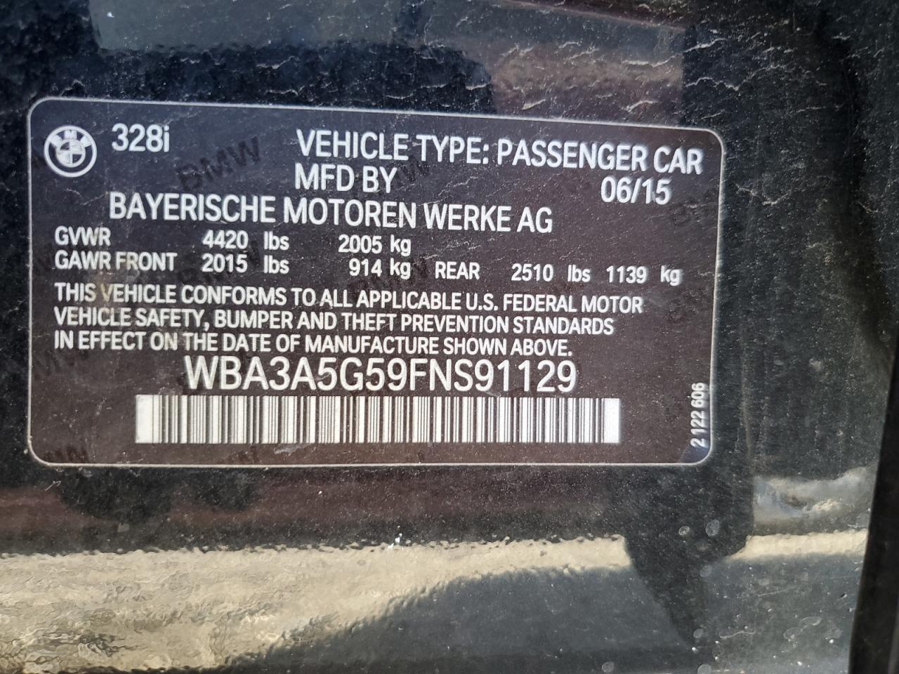 2015 BMW 328 I VIN: WBA3A5G59FNS91129 Lot: 69282945