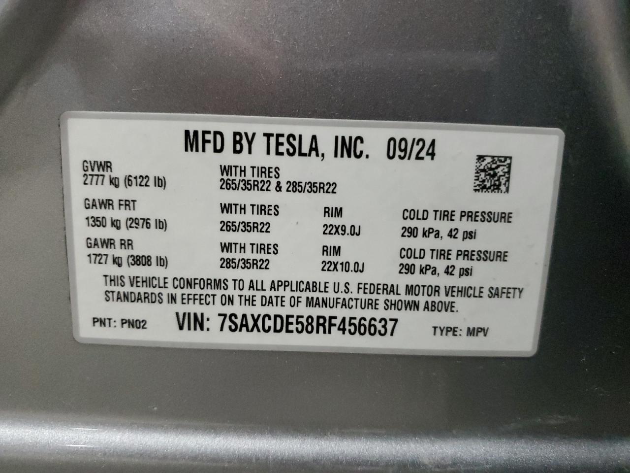 2024 Tesla Model X VIN: 7SAXCDE58RF456637 Lot: 68288015