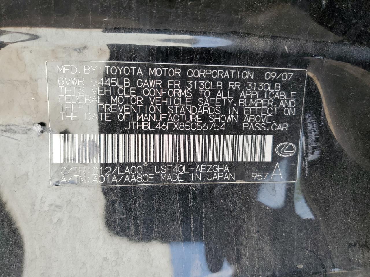 2008 Lexus Ls 460 VIN: JTHBL46FX85056754 Lot: 67791315