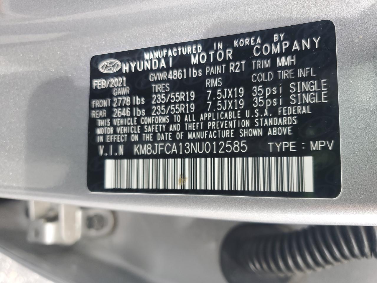 2022 Hyundai Tucson Sel Convenience VIN: KM8JFCA13NU012585 Lot: 68708595