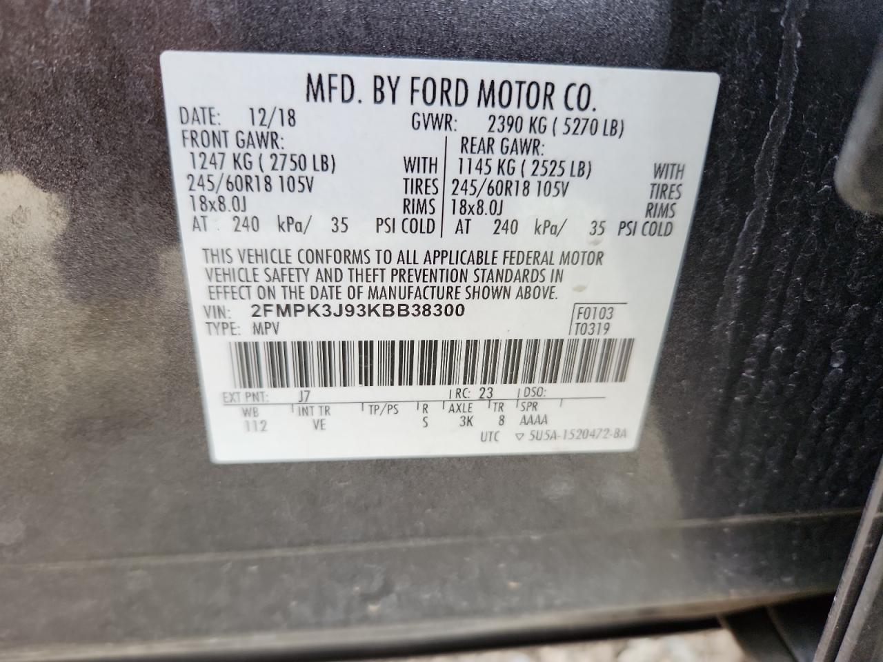 2019 Ford Edge Sel VIN: 2FMPK3J93KBB38300 Lot: 70301095