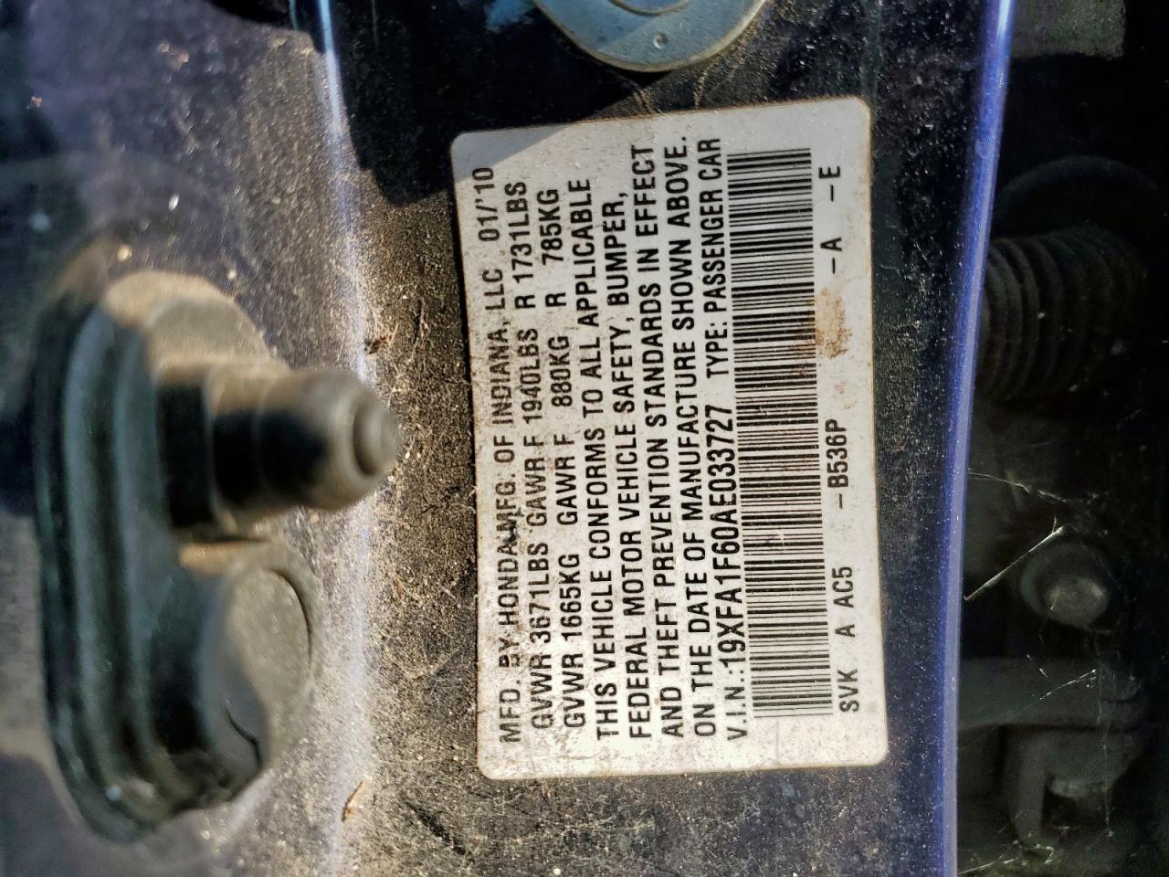 2010 Honda Civic Lx-S VIN: 19XFA1F60AE033727 Lot: 70183005