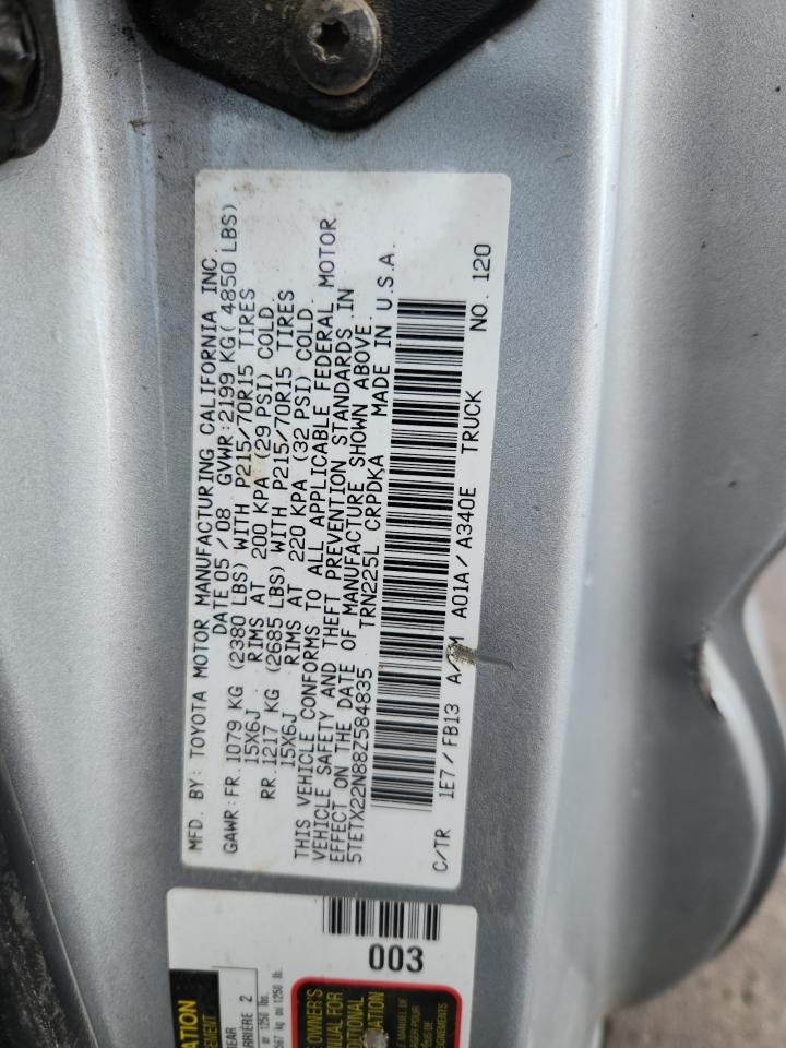 2008 Toyota Tacoma Access Cab VIN: 5TETX22N88Z584835 Lot: 70754125