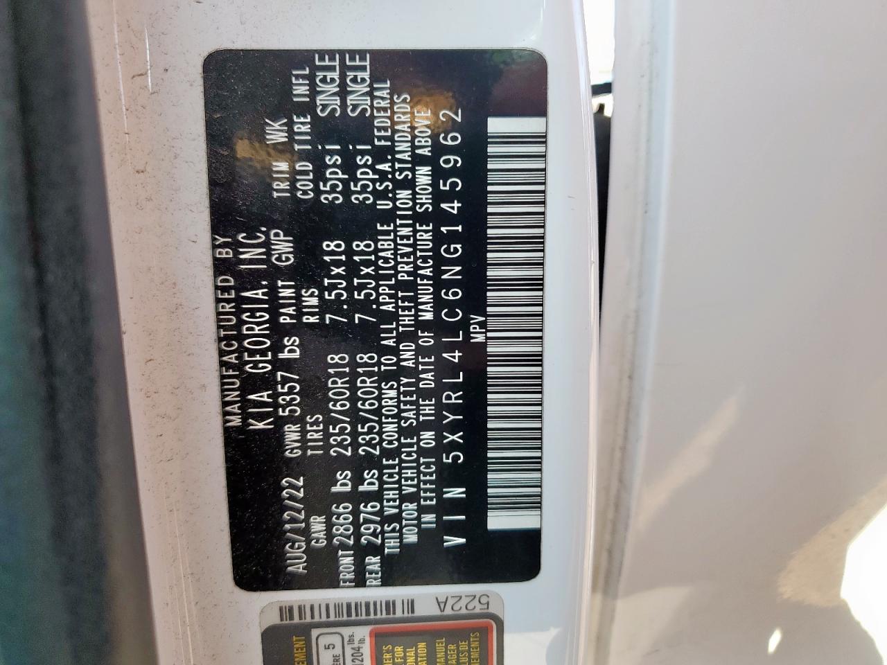 2022 Kia Sorento S VIN: 5XYRL4LC6NG145962 Lot: 67492135