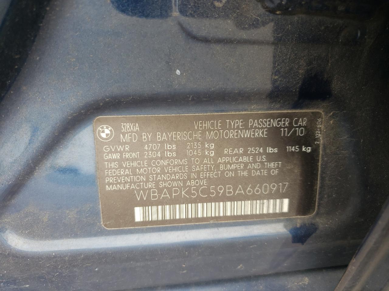 2011 BMW 328 Xi Sulev VIN: WBAPK5C59BA660917 Lot: 69057645