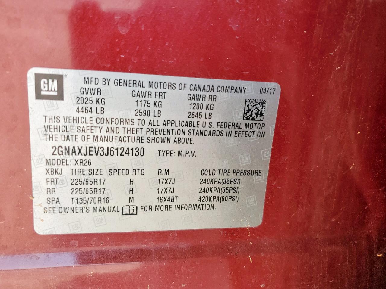 2018 Chevrolet Equinox Lt VIN: 2GNAXJEV3J6124130 Lot: 69119275