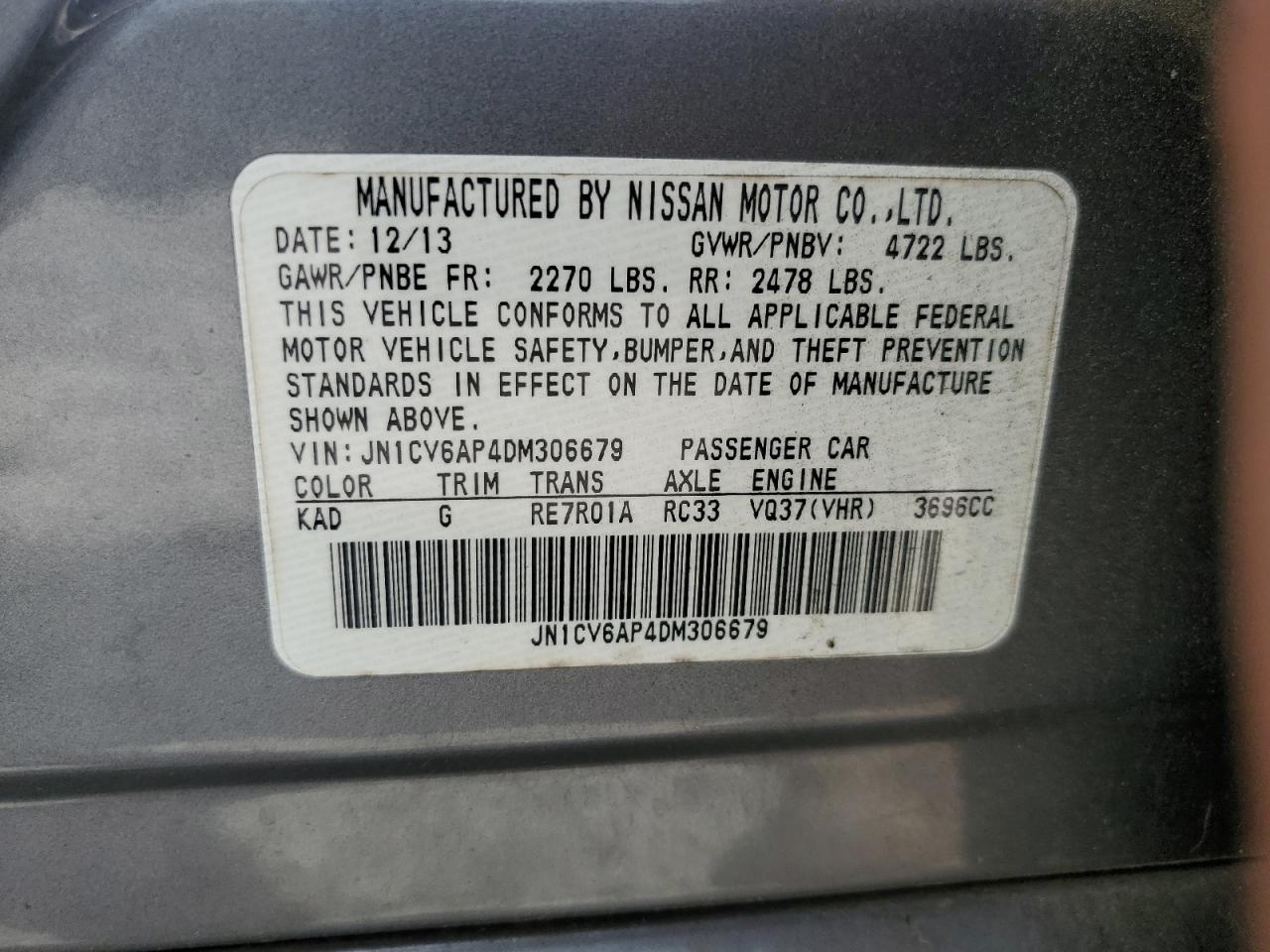 2013 Infiniti G37 Base VIN: JN1CV6AP4DM306679 Lot: 85166495