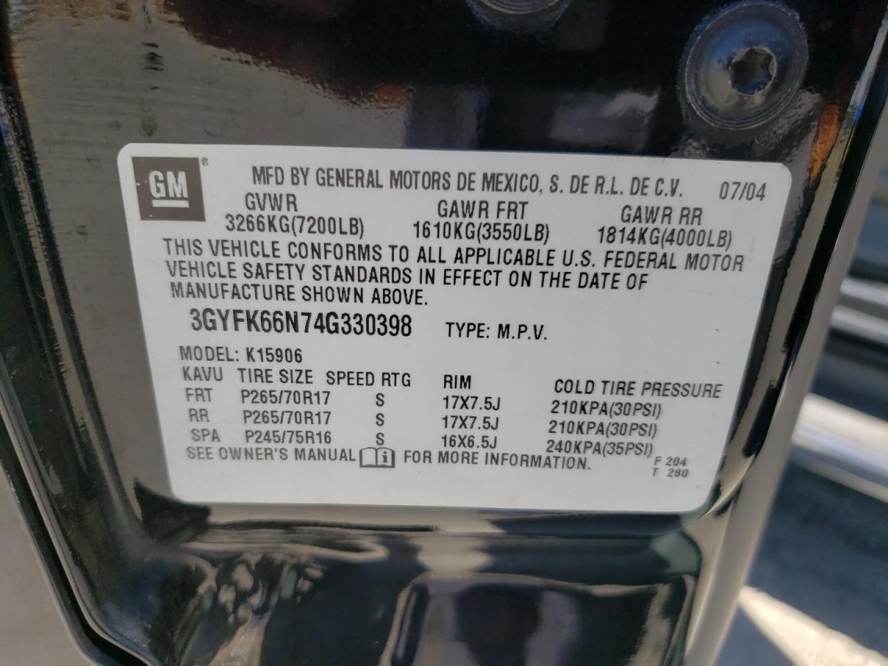 2004 Cadillac Escalade Esv VIN: 3GYFK66N74G330398 Lot: 69324385