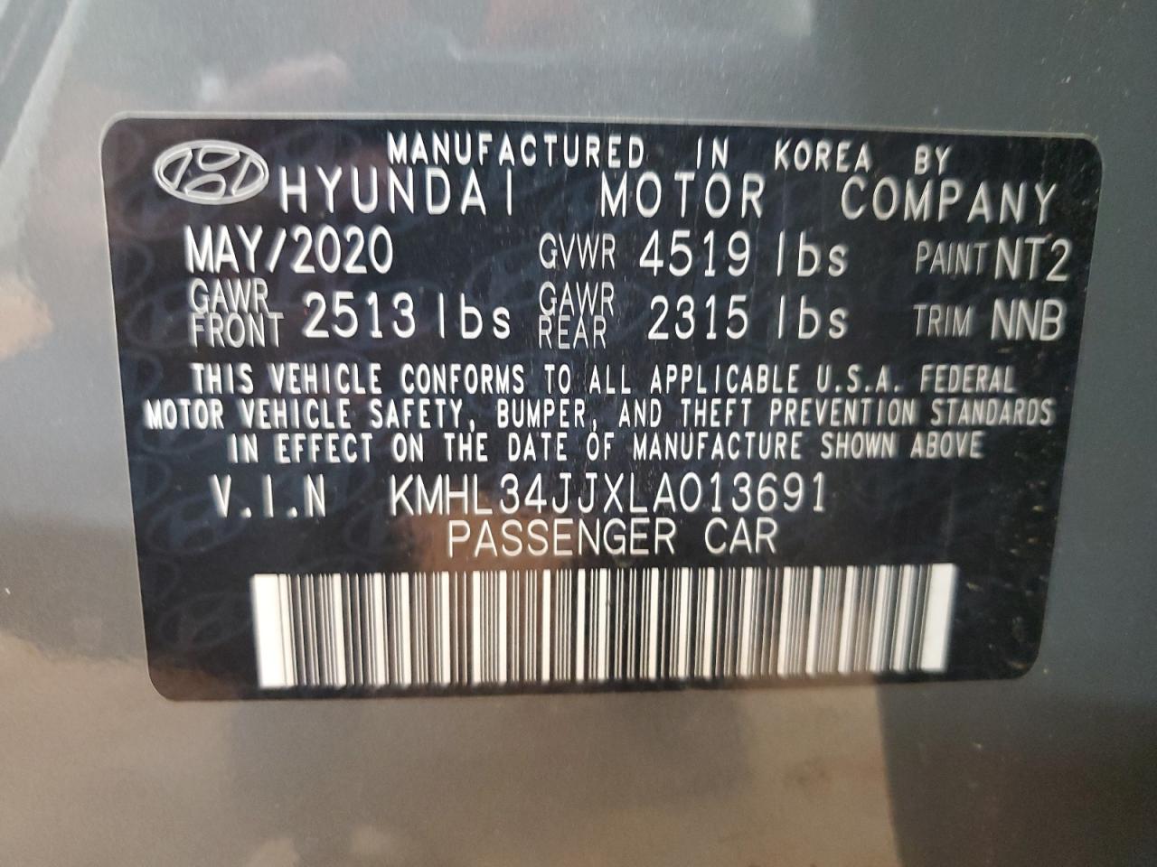 2020 Hyundai Sonata Hybrid VIN: KMHL34JJXLA013691 Lot: 68204475