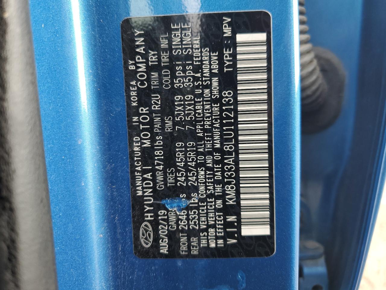 KM8J33AL8LU112138 2020 Hyundai Tucson Limited