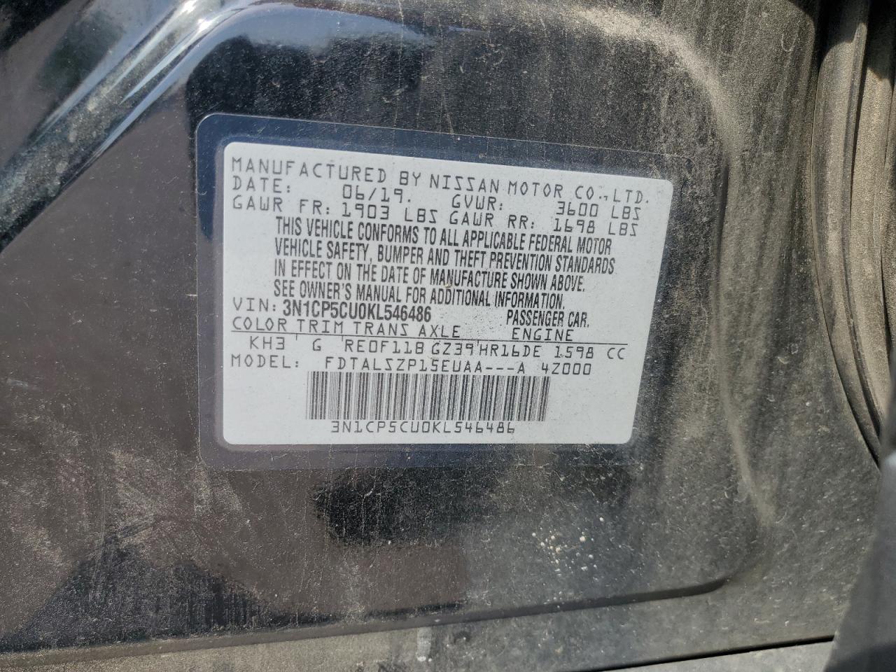 2019 Nissan Kicks S VIN: 3N1CP5CU0KL546486 Lot: 68157275