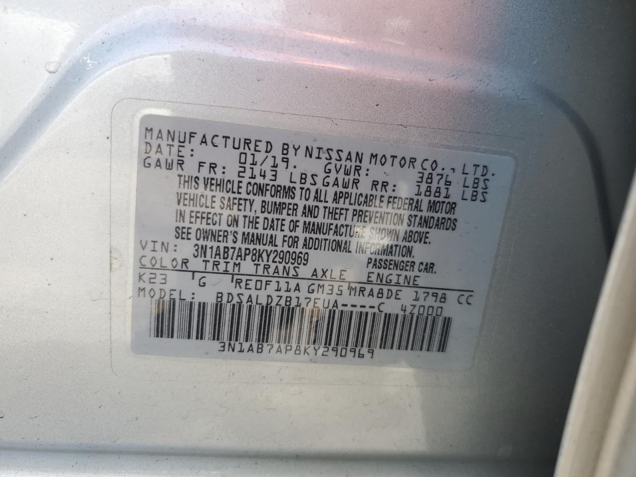 2019 Nissan Sentra S VIN: 3N1AB7AP8KY290969 Lot: 67758205