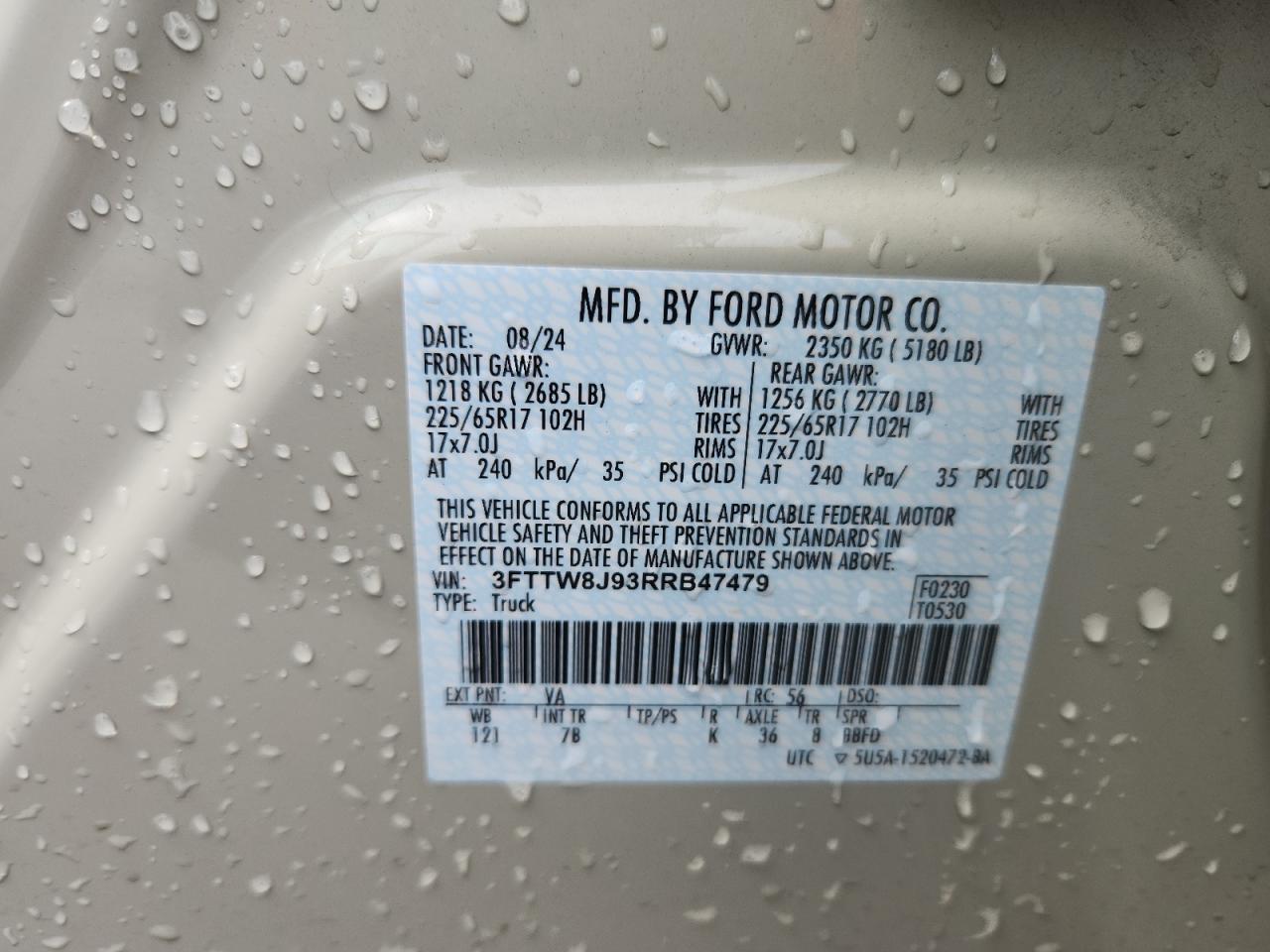 2024 Ford Maverick Xlt VIN: 3FTTW8J93RRB47479 Lot: 70200455